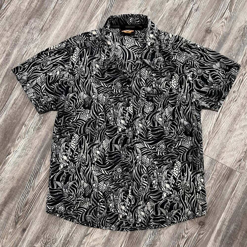 Harley-Davidson Eagle American Flag Print Hawaiian Shirt Button Up